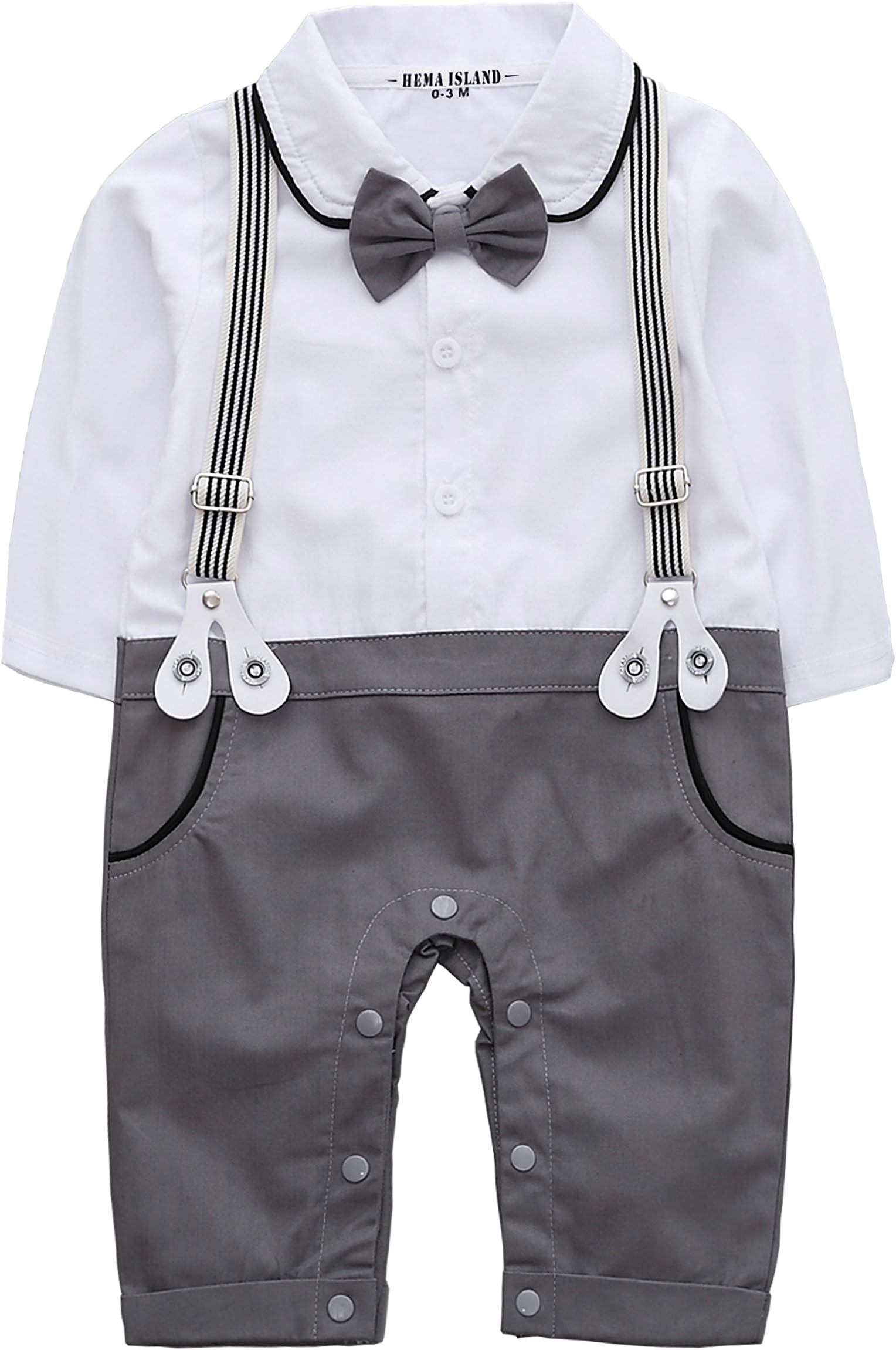HeMa Island HMD Baby Boy Long Sleeve Gentleman White shirt Bowtie Tuxedo Onesie Jumpsuit Overall Romper（0-18M） (L Grey, 0-3 M)