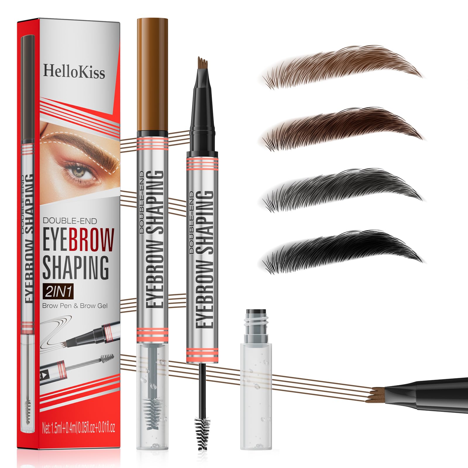 Eyebrow Pencil with Gel, 2 in 1 Microblading Eyebrow Pen with 4 Fork Tip, Waterproof Brow Pencil for Natural Makeup, Precise, Shapes, Long-Lasting (Black)