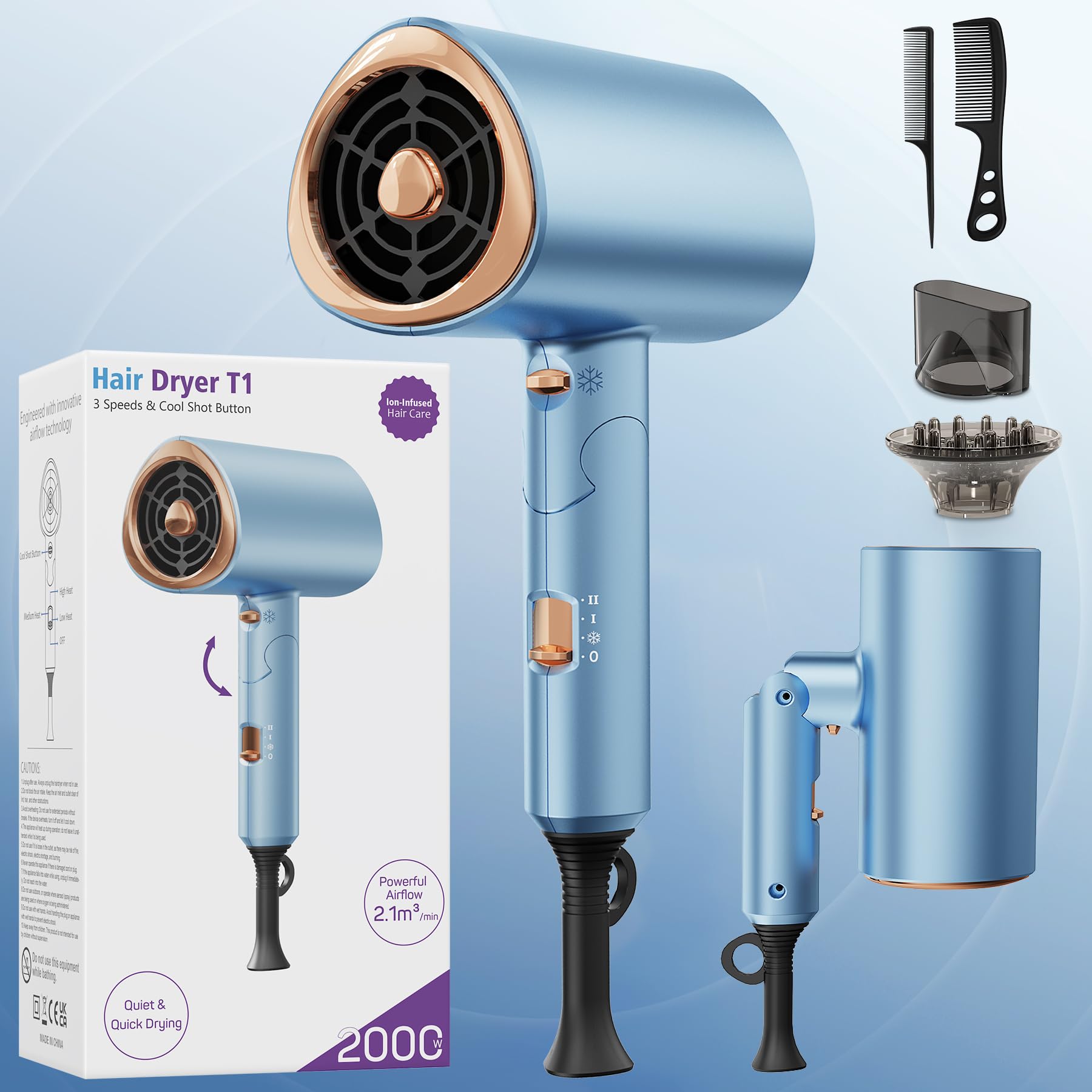 Foldable Ionic Hair Dryer 2000W Professional Blow Dryer with 2 Speed 3 Heat, Cool Shot, Diffuser & Concentrator, Styling Combs, for Men & Women, Blue