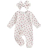 Yoawdats Newborn Baby Girl Clothes Cute Sleep&Play Footie Sleepers Romper Pajamas Strawberry Floral Print for Fall Winter