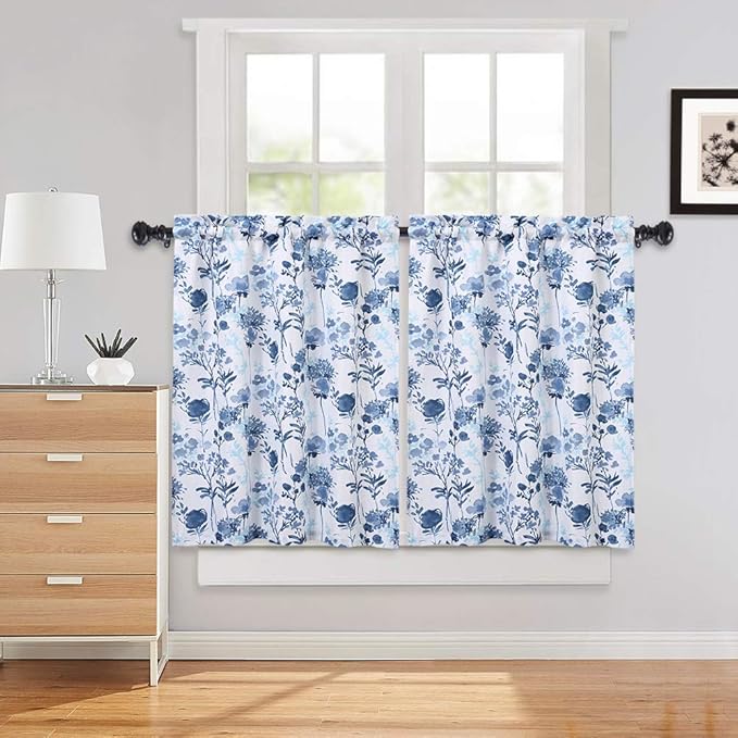 Haperalre Navy Blue Floral Cafe Curtains 36 Inches Length, Watercolor Flowers Print