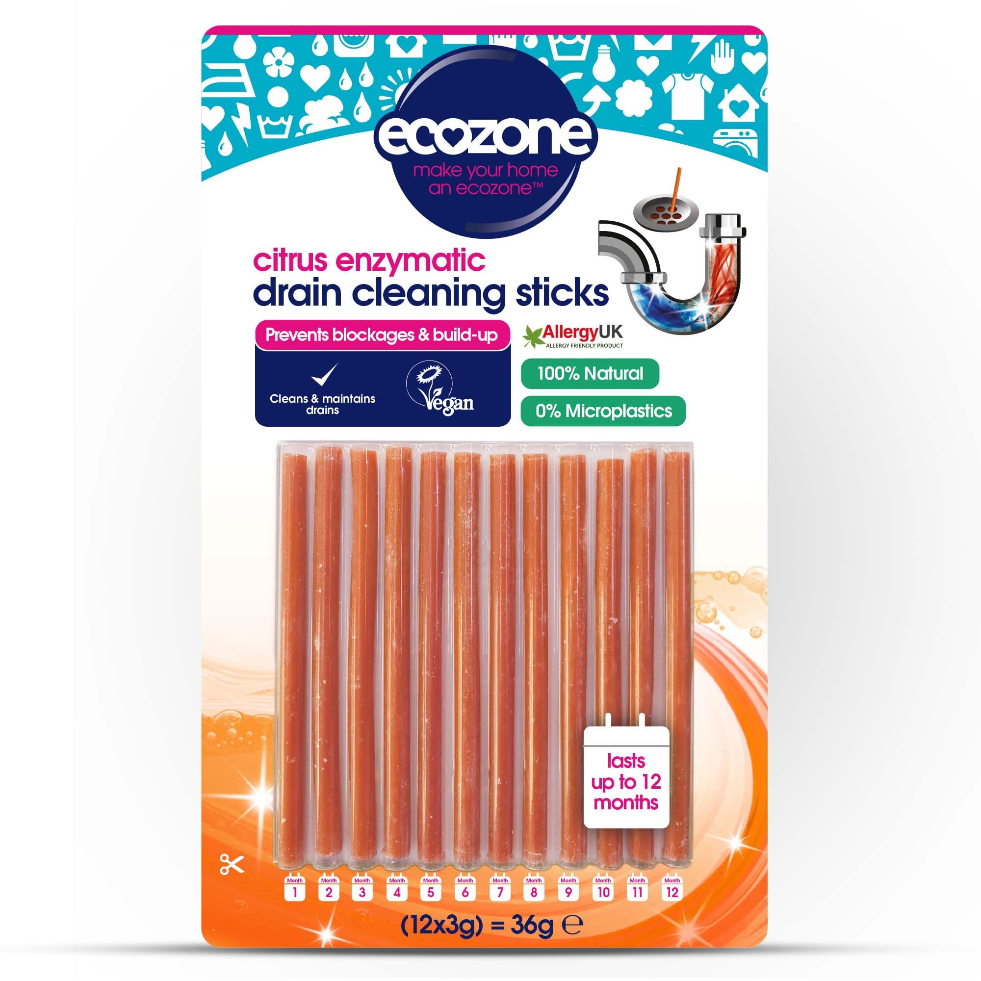 EcoZone Drain Cleaning Sticks, Enzymatic Pipe Unblocker, Prevents Plug Hole Obstructions & Keeps Water Flowing Freely, Natural Vegan & Non Toxic Kitchen & Bathroom Treatment Kit (x 12, 1 Year Supply)