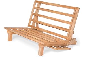 Nirvana Futons Tri-Fold Futon with Khaki Color Mattress Included (Full Size, Natural Finish, Solid Wood) - 13 Position Sofa Bed, Lounger, and Couch