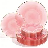 Pryntono 120PCS Pink Plastic Plates with Gold Rim, Heavy Duty Disposable Plates, Elegant and Fancy 60 Dinner and 60 Dessert Plates for Party and Wedding