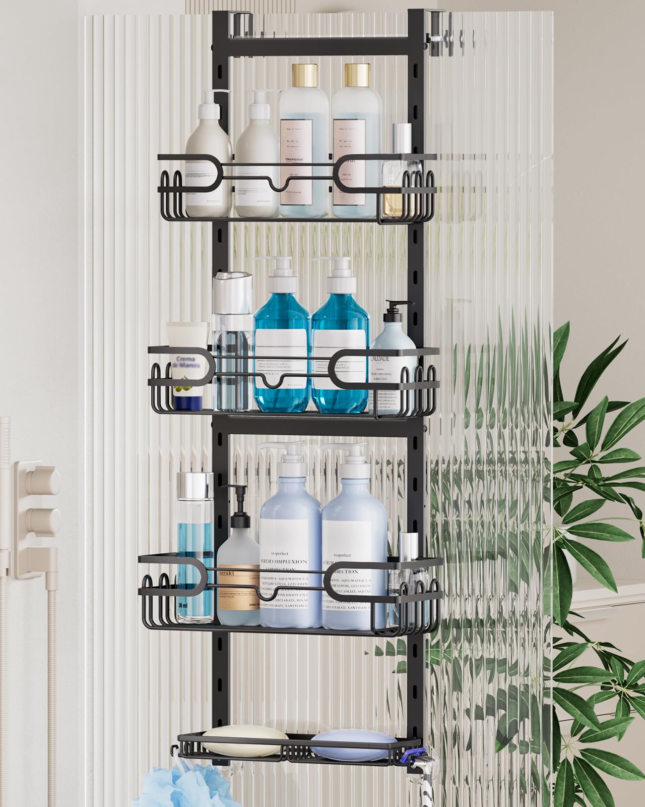 Photo 1 of Consumest Over The Door Shower Caddy - 4 Tier Adjustable Hanging Shower Organizer Shelf with 2 Soap Holders & 22 Hooks, Rustproof Easy Installation Hanging Storage Rack for Bathroom, Black