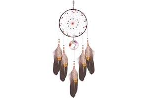 VIBILIA Dream Catchers Tree of Life Brown Feathers, Handmade Native American Dreamcatcher with Chakra Crystal Healing Stone for Bedroom Wall Hanging Home Decor Holiday Ornaments Birthday Gift