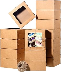 50 Pieces Brown Bakery Box and 80 M Rope with Display Window Paper Board Cardboard Gift Packaging Boxes for Pastries, Cookies, Small Cakes, Pie, Cupcakes, and More (6.3 x 6.3 x 3 Inch)