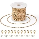 Pandahall 16.4 Feet Brass 14K Gold Plated Curb Chains Unwelded Twisted Link Chains Jewelry Chains with Jump Rings Lobster Claw Clasps for Bracelet Necklace Jewelry Making