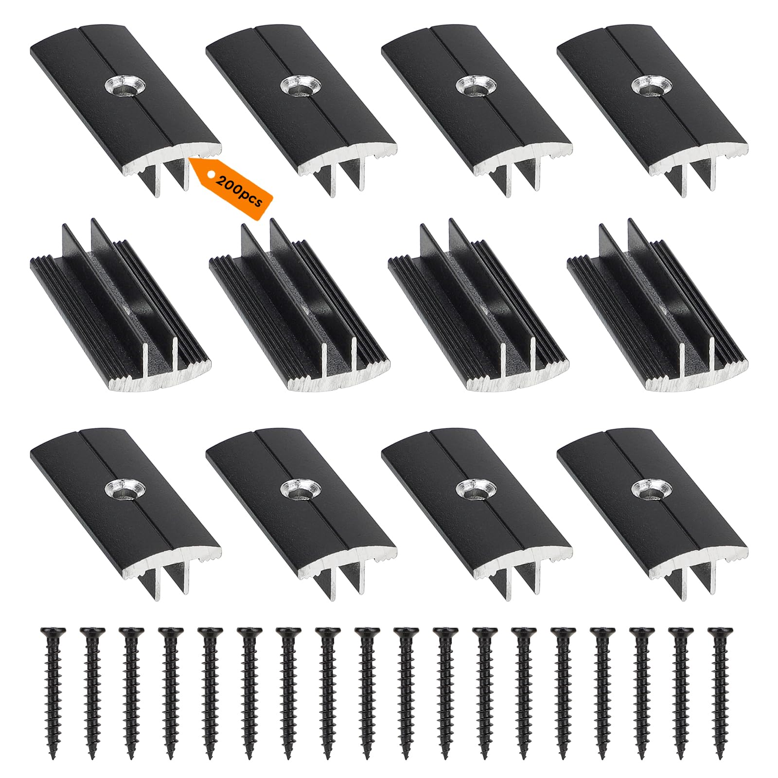 Supaway Pack of 200 Plastic Aluminium Alloy T-Clips for Decking 6 mm Gap Spacing Hidden Spacers with 200 Screws for WPC/BPC Flooring Composite Boards Black