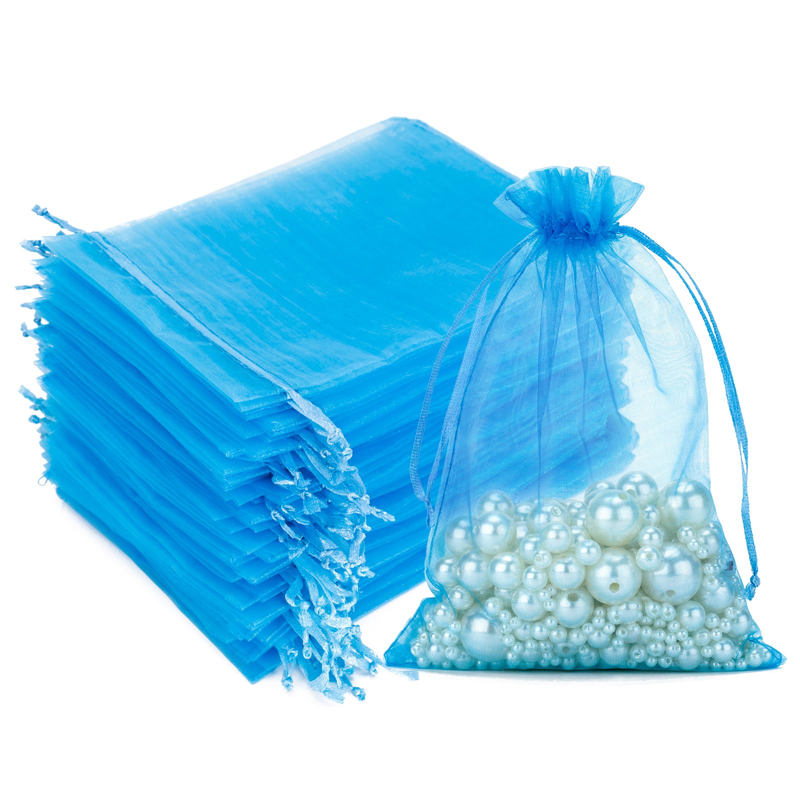 G2PLUS Lake Blue Organza Gift Pouches, 10x15 CM Medium Organza Favour Bags, 100 PCS Wedding Jewelry Bags, Clear Mesh Pouches Perfect for Wedding, Christmas, Birthday, Anniversary