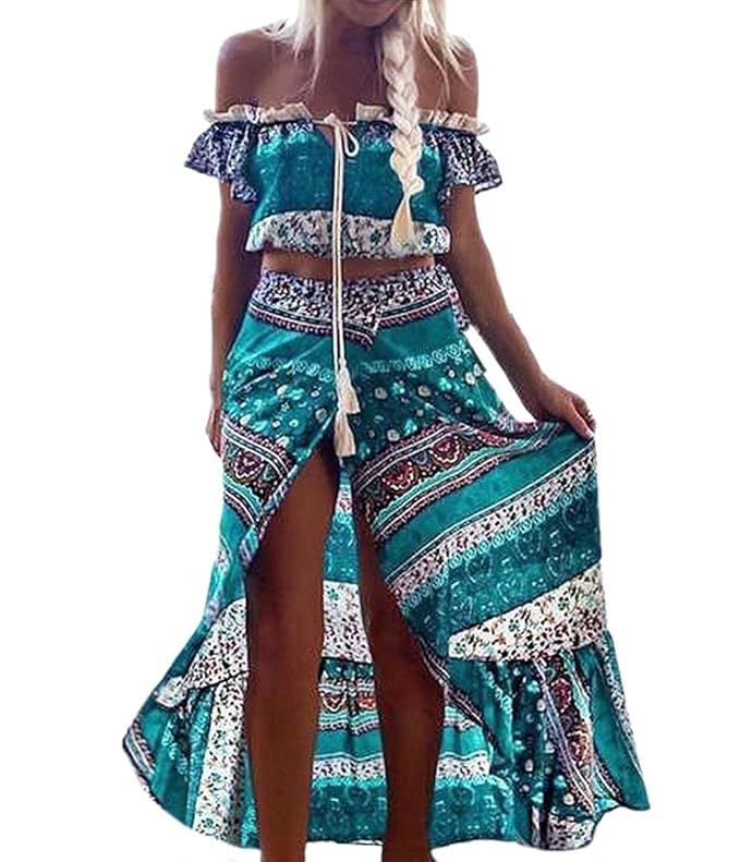 Damen Strandkleid Kurzarm Off Shoulder Boot Hals Crop Tops und Langer Rock Strandrock Elegant Vintage Jungen Hipster Boho Eth