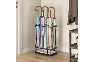 Wisdom Star Umbrella Stands for Outdoors, Metal Umbrella Stands for Entryway with Removable Drip Tray and 6 Hooks, Industrial Free Standing Umbrella Rack Organizer, Holds 10 Umbrellas, Black