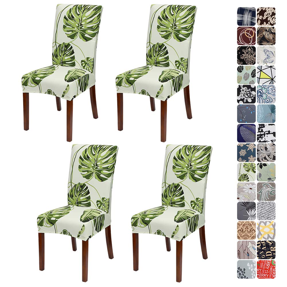 JOTOM Stretch Modern Chair Covers Dining Chair Protector Removable Soft Spandex Dining Chair Slipcovers for Hotel Party Wedding Dining Room Kitchen (Green Leaf, Pack of 4)