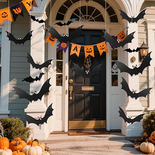 TOEKSIX 12 Pack Halloween Decorations Hanging Bats - 3 Style Scary Hanging Bat Set with 3D Bats Sticker, Outdoor Scary Bats Set for Yard, Haunted House, Party - Indoor Outdoor Waterproof Decor