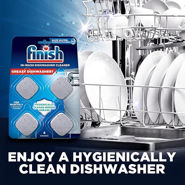 FINISH DISHWASHER CLEANER TABLETS, DEEP CLEANS HIDDEN GREASE & GRIME, FIGHTS ODORS, NO EXTRA WASH CYCLE, HELPS MAINTAIN DISHWASHER, 4 MONTH SUPPLY, 4 COUNT