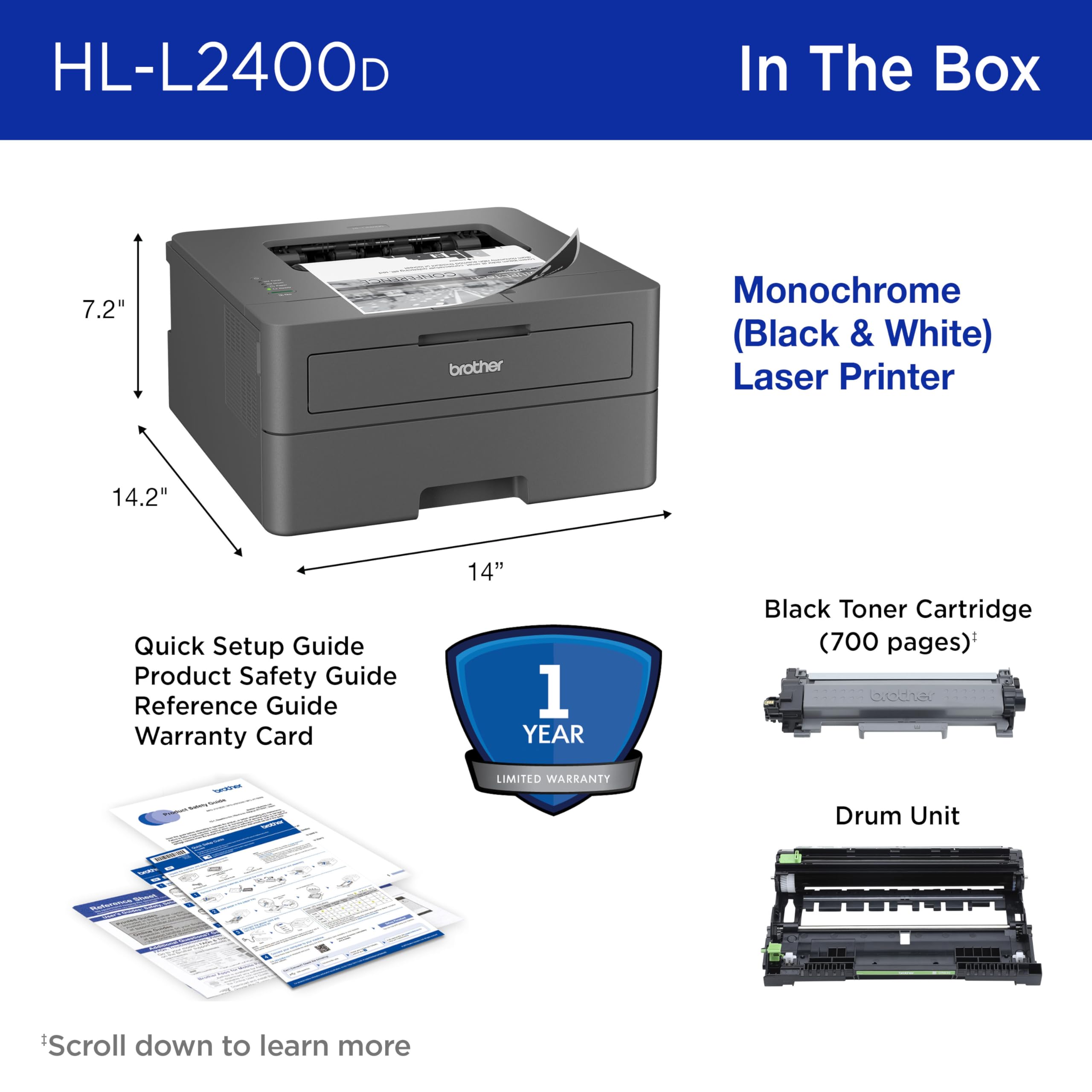 Brother Monochrome Laser Printer with 32 PPM Speed and Automatic 2-Sided Printing for Home Office, Fast Black and White Output, Compact Design with 250-Sheet Capacity (HL-L2400D)