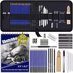 ADAXI Drawing Pencils with Sketch Book 50 Pages, 35 Piece Sketch Pencils Professional Drawing Kit in Zipper Case, Sketching Art Set with Graphite Charcoal Sticks Tool for Adults Kids(All in One Case)