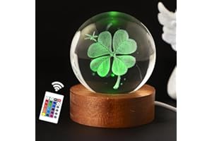 INTKI CRYSTAL 3D Four-Leaf Clover Crystal Ball 60mm Good Luck Gifts Ideas with Multicolor Lighting Base