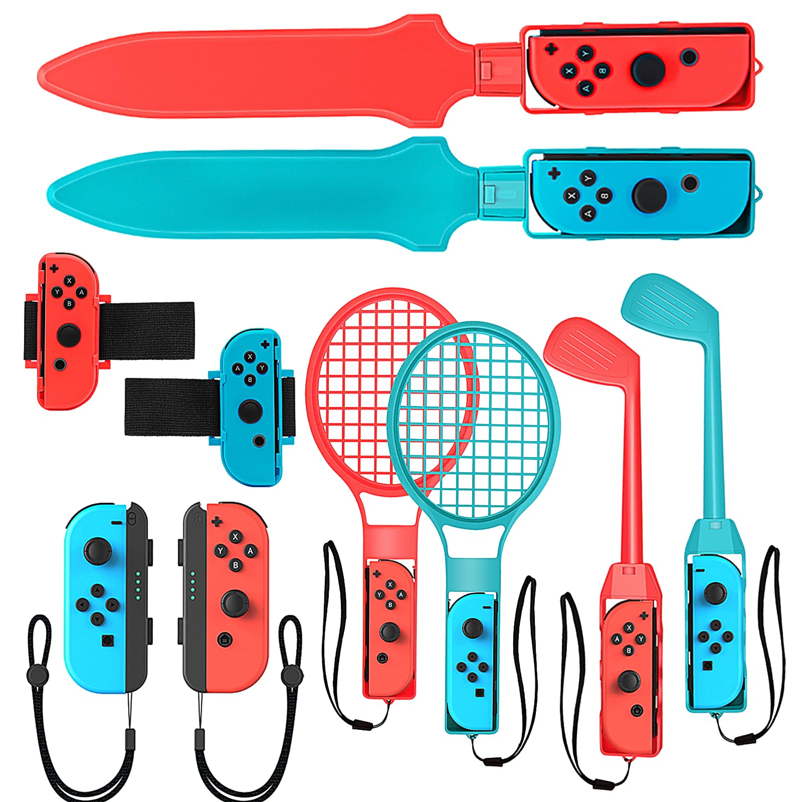 BRHE Nintendo Switch Accessories,10 in 1 Switch Sports Accessories Bundle for Switch Games,Family Kit for Switch OLED Sports Games with Soccer Leg Strap,Golf Clubs for Mario,Tennis Rackets