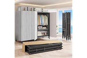 FKKPRVAX Heavy Duty Covered Clothes Rack with Magnetic Door 1500LBS Foldable Portable Wardrobe Closet for Hanging Clothing Rolling Black Metal Garment Rack on Wheels Closet System (Gray Door, 59in)