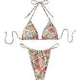 WDIRARA Women's 2 Piece Set Floral Print Tie Backless Swimwear Halter Bikini Swimsuit