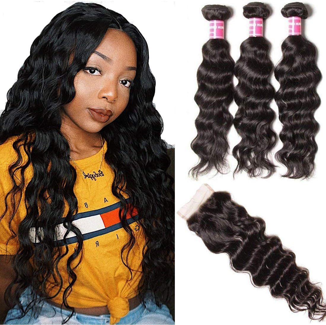 Ali Julia Hair Brazilian Natural Wave Lace Closure with 3 Bundles 10A 100% Unprocessed Human Hair Weft Extensions 95-100g/pc Natural Color (14 16 18+12"Clousre)