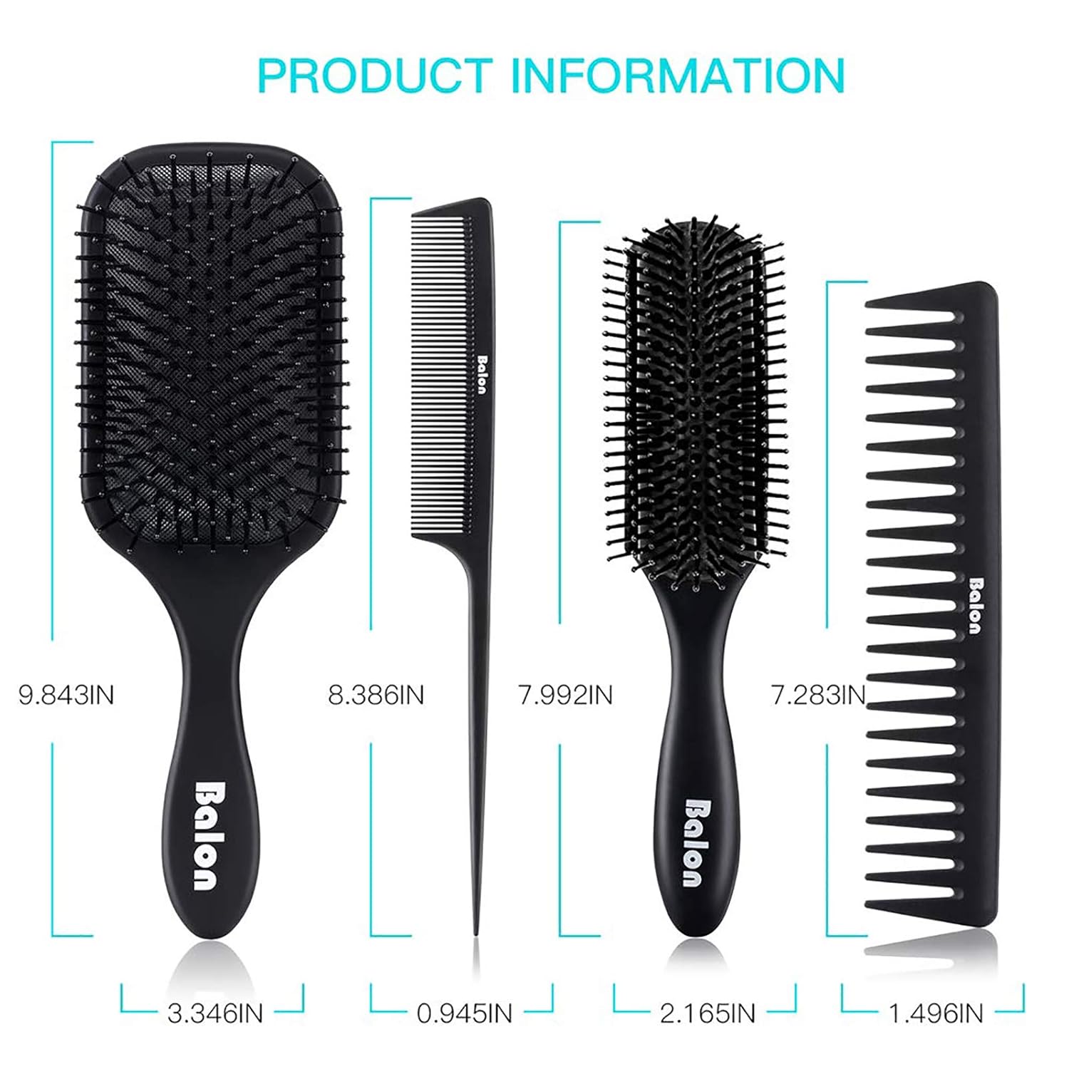 4Pcs Paddle Hair Brush, Detangling Brush and Hair Comb Set for Men and Women, Great On Wet or Dry Hair, No More Tangle Hairbrush for Long Thick Thin Curly Natural Hair（Black） : Beauty