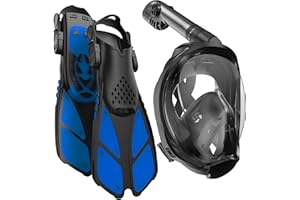 COZIA DESIGN Snorkeling Gear for Adults with Fins - Full Face Snorkel Mask and Swim Fins, 180° Panoramic View Snorkel Mask, Anti Fog and Anti Leak Adult Snorkel Set