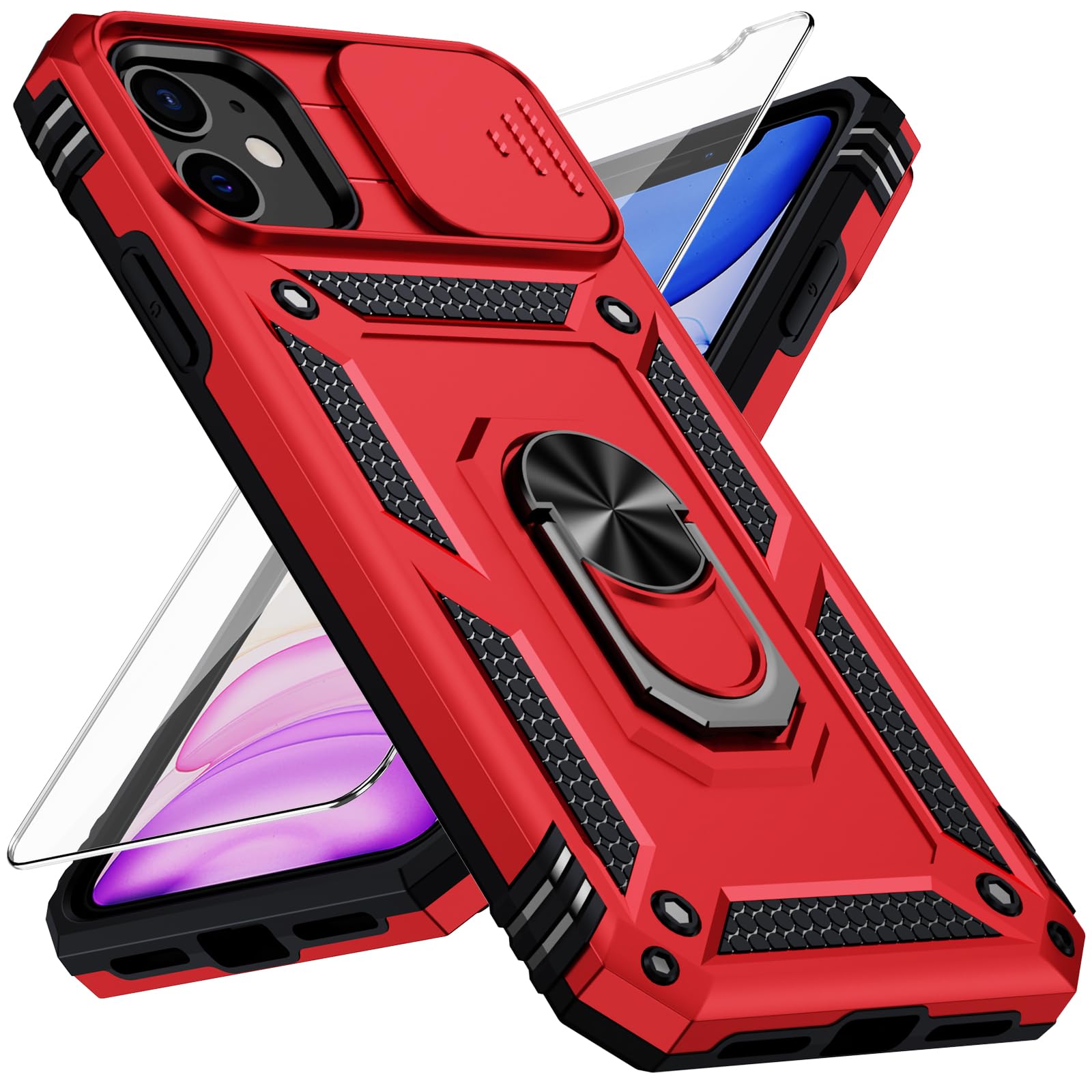 Vinve for iPhone 12 Case, iPhone 12 Pro Case, Slide Lens Cover, HD Screen Protector, Military Grade Drop Protection, Magnetic Rotated Ring Holder Kickstand Phone Case (Red)