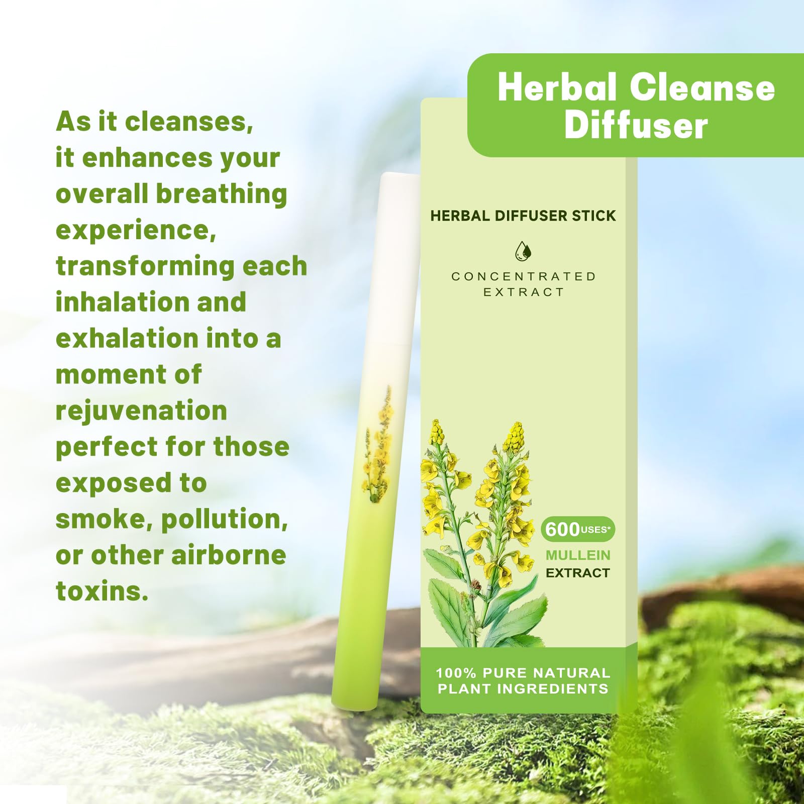 Mullein Herbal Diffuser Upgraded with Extracts of Mullein, Thyme and Mint for Cleansing Lungs, Improving Breathing and Oral Air Freshening- 2 Stick, 2 Pack