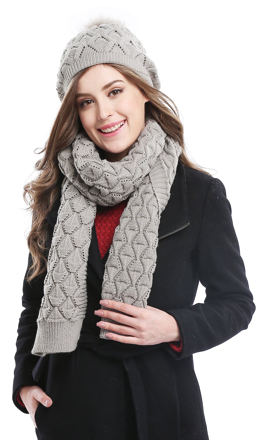 Bellady Women's Knitted Double Layers Beanie Cap with Pom Pom, Scarf Two Peice Set Bellady Women's Knitted Double Layers Beanie Cap with Pom Pom, Scarf Two Peice Set