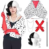 yyleasar Full Set Women Cruella Cosplay Costume Dalmatian Shawl Black White Coat Dress Up Cosplay with Wig Gloves Necklace Rod