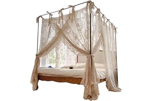 Bed Canopy, 4 Corner Post Canopy Bed Curtains, Romantic Lace Mosquito Net for 1.5m/4.92ft Beds, Beige (Frame Not Included)