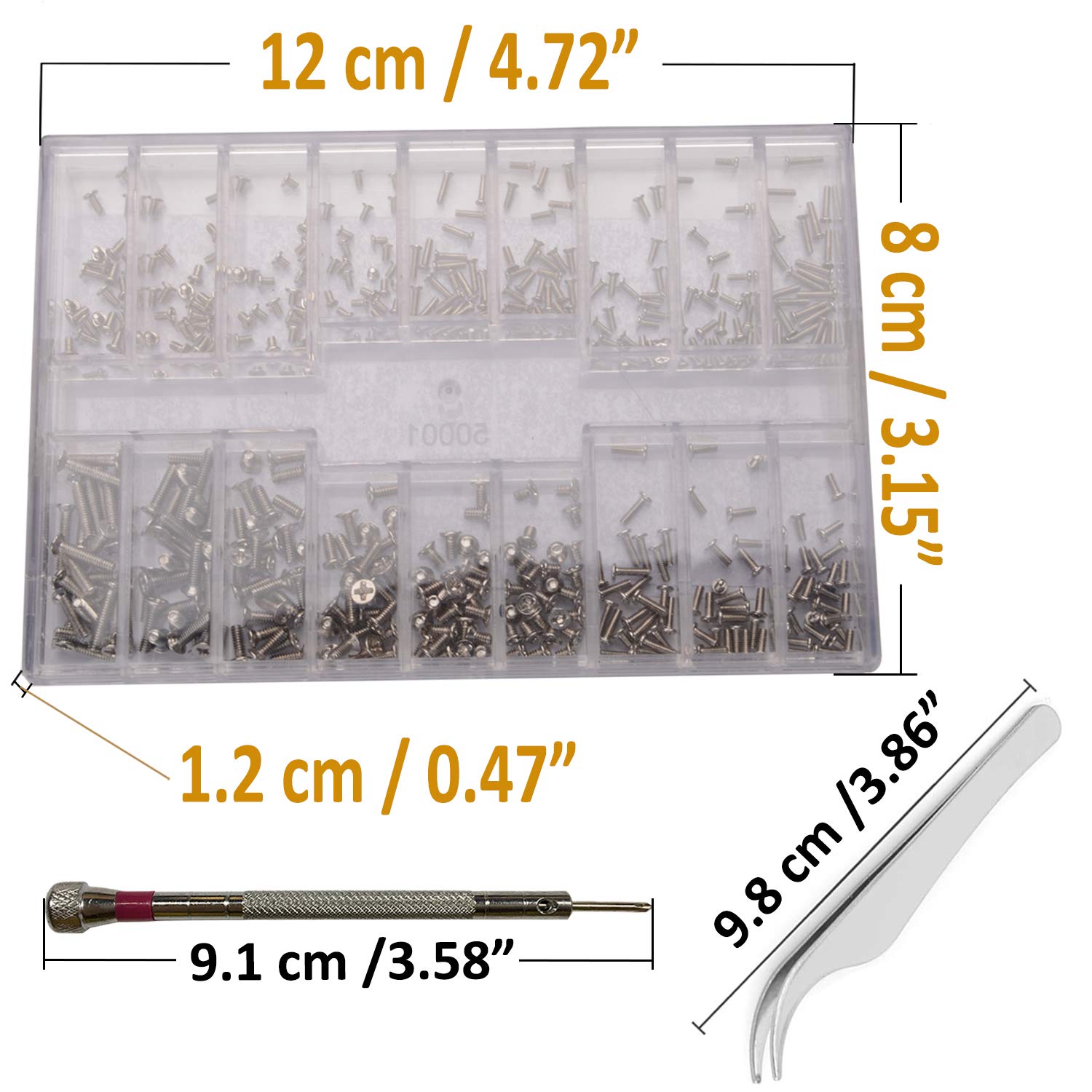 Small Screws Assortment Kit Hotetey 18 Kinds M1.2 / M1.4 / M2.0 Tiny Micro Screws Set with Tweezers and Mini 3 in 1 Screwdriver Keychain for Glasses Watches, Silver