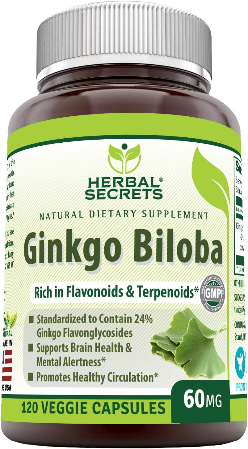 Herbal Secrets Ginkgo Biloba Supplement - 60 mg Ginkgo Leaf Extract (Standardized to Contain 24% Ginkgo Flavone Glycosides) in each Capsule - Memory Support & More - 120 Capsules Per Bottle: Health & Personal Care