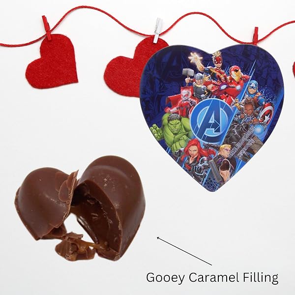AVENGERS COLLECTIBLE TIN, INDIVIDUALLY WRAPPED CARAMEL FILLED CHOCOLATE WITH REUSABLE CONTAINER, EASTER BASKET STUFFER 3.38 OUNCES