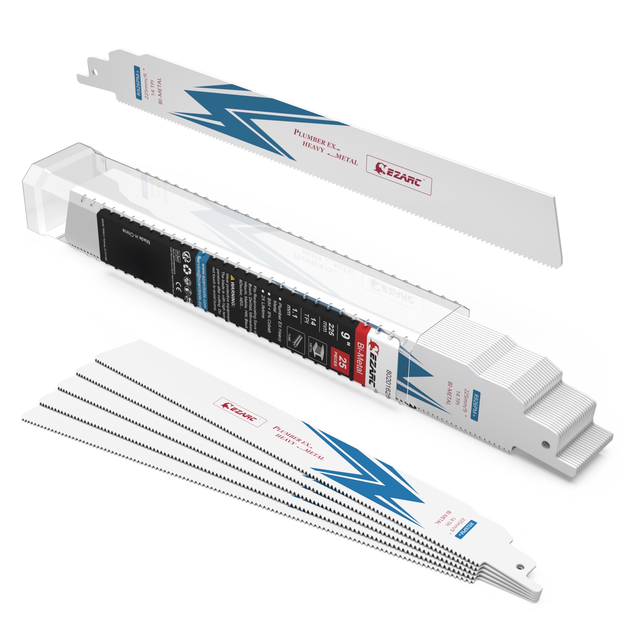 EZARC Reciprocating Saw Blade Bi-Metal Cobalt Sabre Saw Blades for Heavy Metal Cutting 225mm 14TPI R926PM+ 25pcs