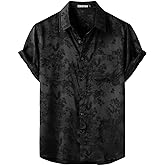 ZEROYAA Men's Shiny Luxury Silk Satin Floral Jacquard Short Sleeve Regular Fit Button Down Shirt for Party Prom