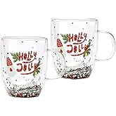 The Wine Savant Glass Coffee Mug Set of 2 Holly Jolly Tree Double Wall Insulated Cups Confetti Glassware for Coffee Tea Milk Juice Water Gift Set for Home Kitchen Decor Gift