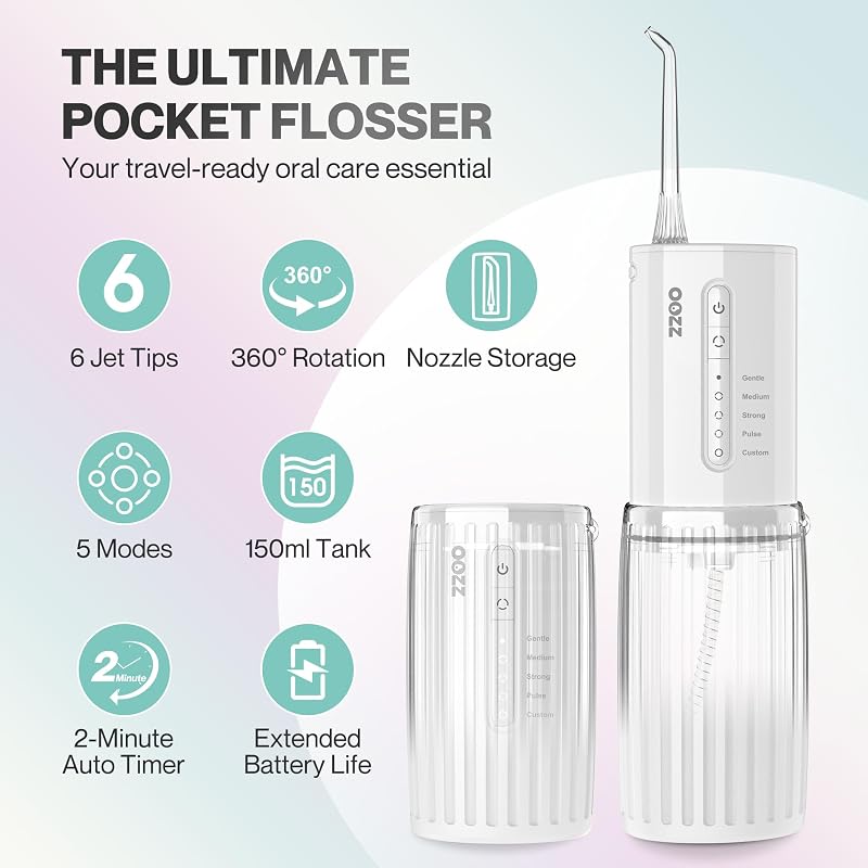 Travel Water Flosser, Schnurlose Taschenmunddusche, 5 Druckmodi, 6 Strahlspitzen, USB-wiederaufladbar, kompaktes Design, tragbare Munddusche (Wolke)
