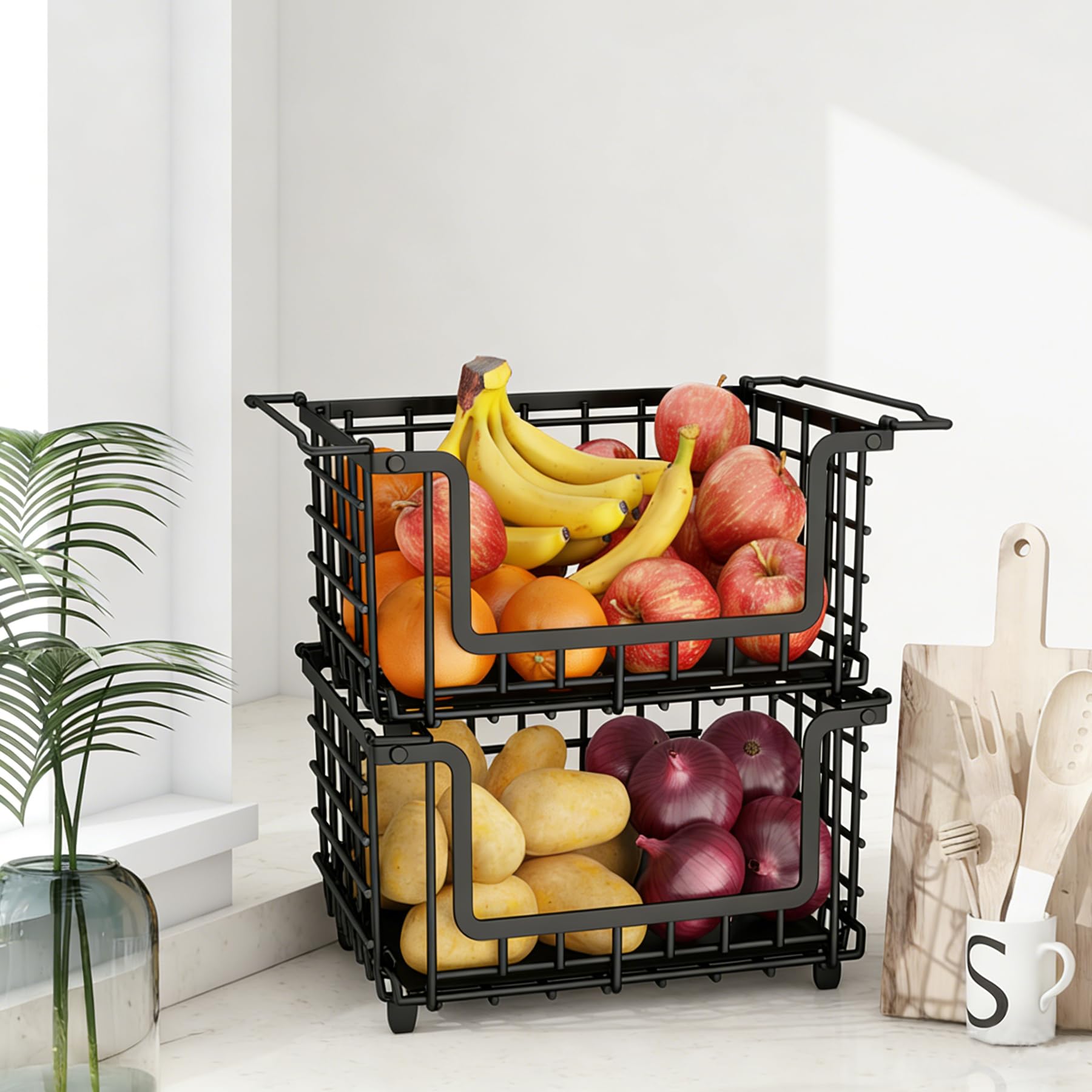 Photo 1 of 2 Pack Stackable Metal Wire Vegetable Fruit Basket for Kitchen Counter Cabinet, Pantry Organizers and Storage Basket, Food Can Snack Onion Potato Bread Storage Shelf Freezer Organizer Bins Containers