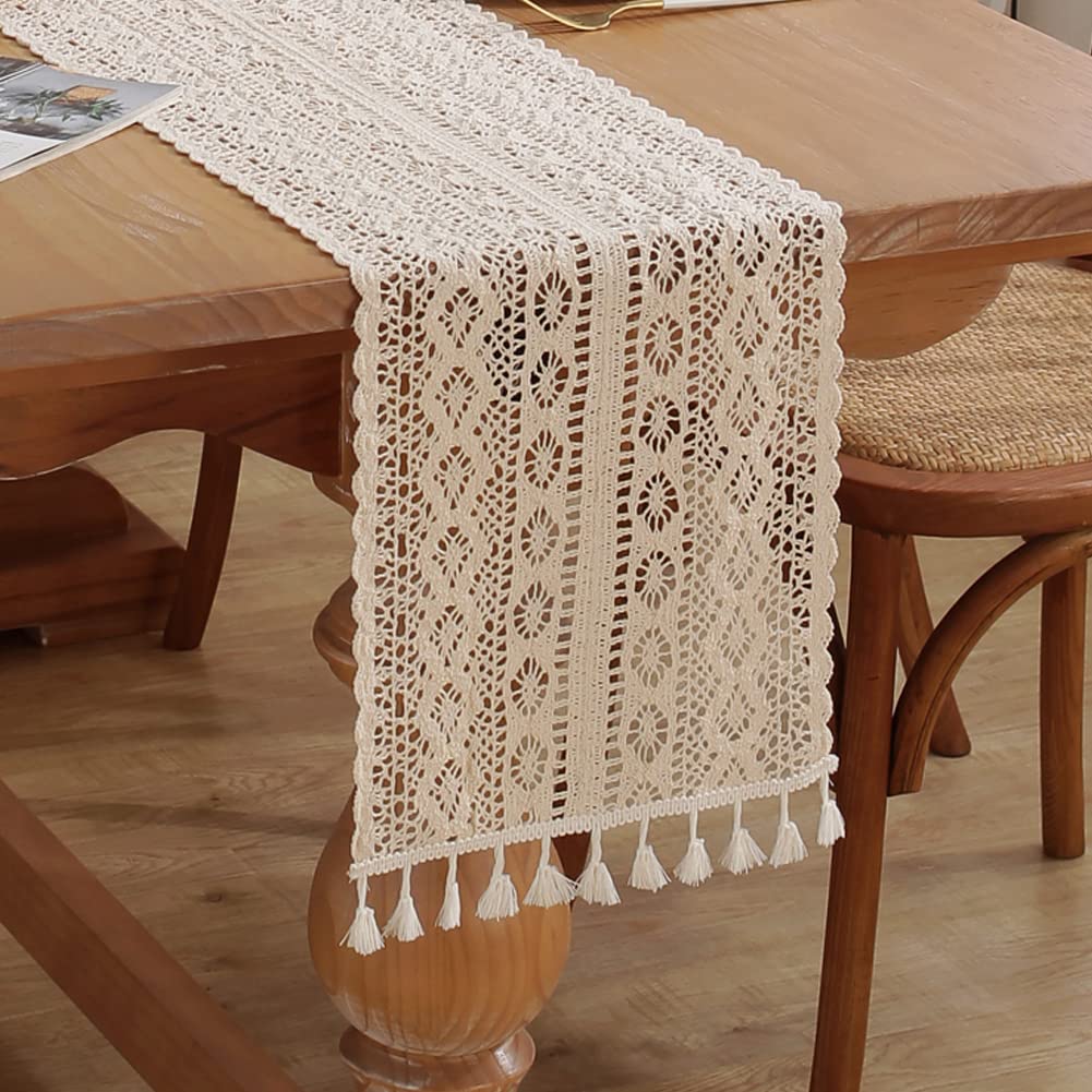 Photo 1 of meioro Crochet Lace Table Runner, 12x48 Inch Boho Cotton Table Runners with Tassels, Rustic Farmhouse Table Decoration 48 Inches Long, Mesh Woven Table Decor for Bridal Shower Party Wedding