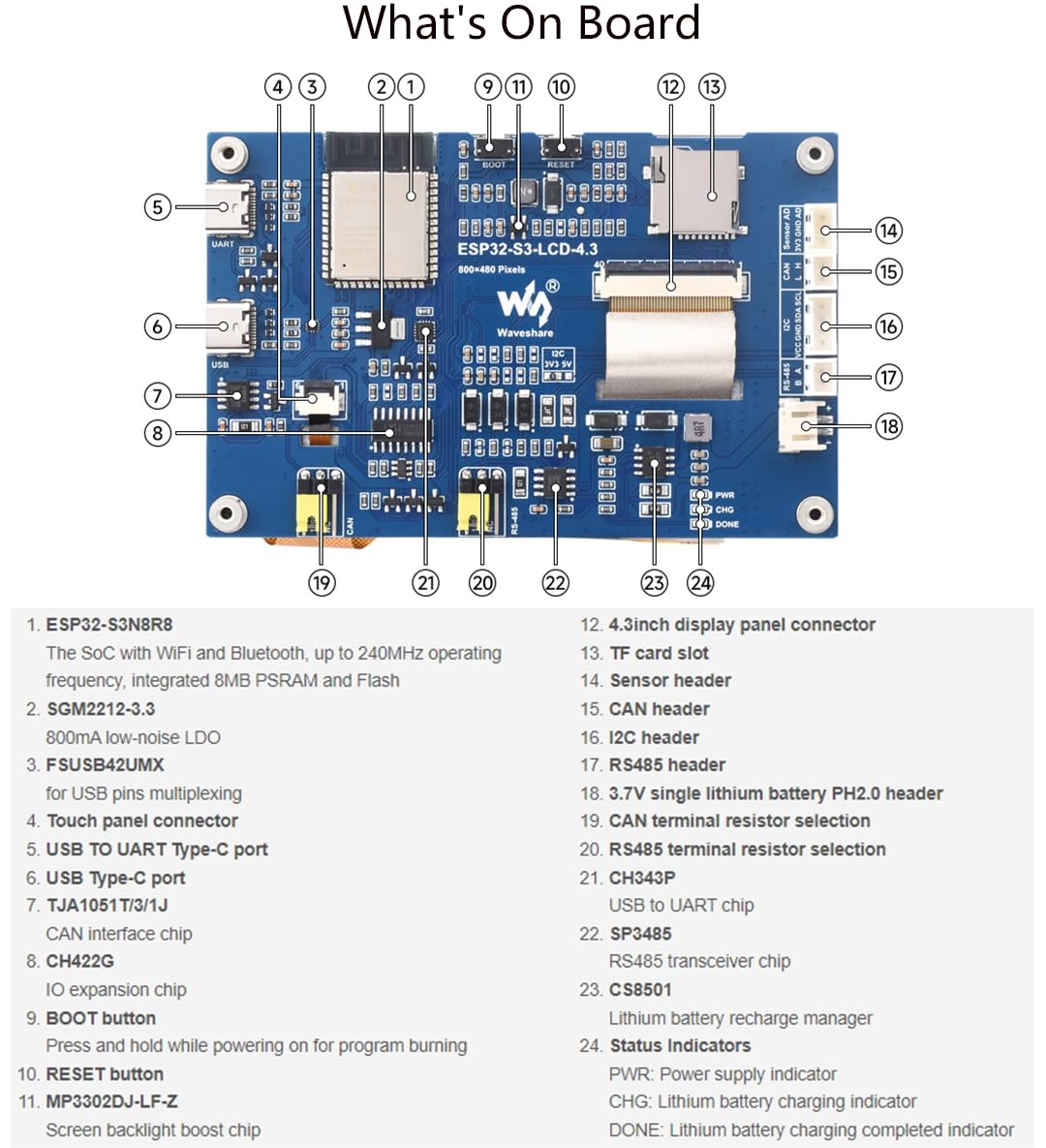4.3inch Capacitive Touch Screen Onboard ESP32-S3 Microcontroller Development Board, 800x480 Pixels, Support 2.4GHz WiFi and BLE 5, with Sensor/CAN/RS485/I2C Interfaces for Peripherals Expansion
