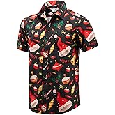 ENVMENST Christmas Button Up Shirt for Men Fun Printed Casual Short Sleeve Hawaiian Santa Shirt