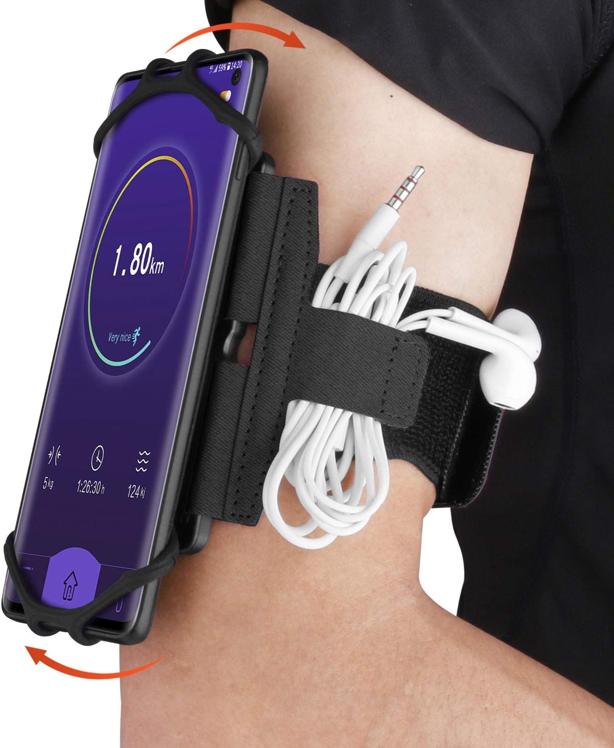 Htwon Running Armband, 180° Rotation Workout Armband with Key Holder and Earphone Wire Slot Designed for Apple iPhone Xs Max XR X 8 7 6 6S Plus Samsung Galaxy S10+ S10 5G S9+ S9 S8 S7 and more (Black)