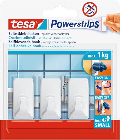 tesa Powerstrips Hook - Self-Adhesive Round Hook for All Surfaces - White