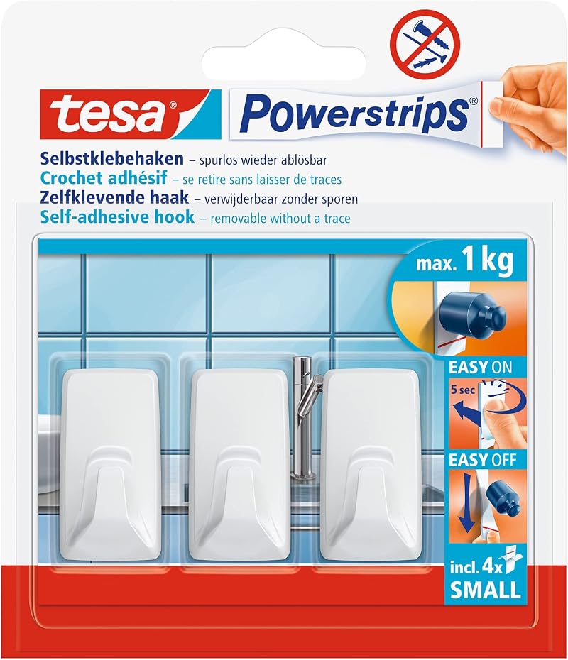 tesa Powerstrips Hook - Self-Adhesive Round Hook for All Surfaces - White