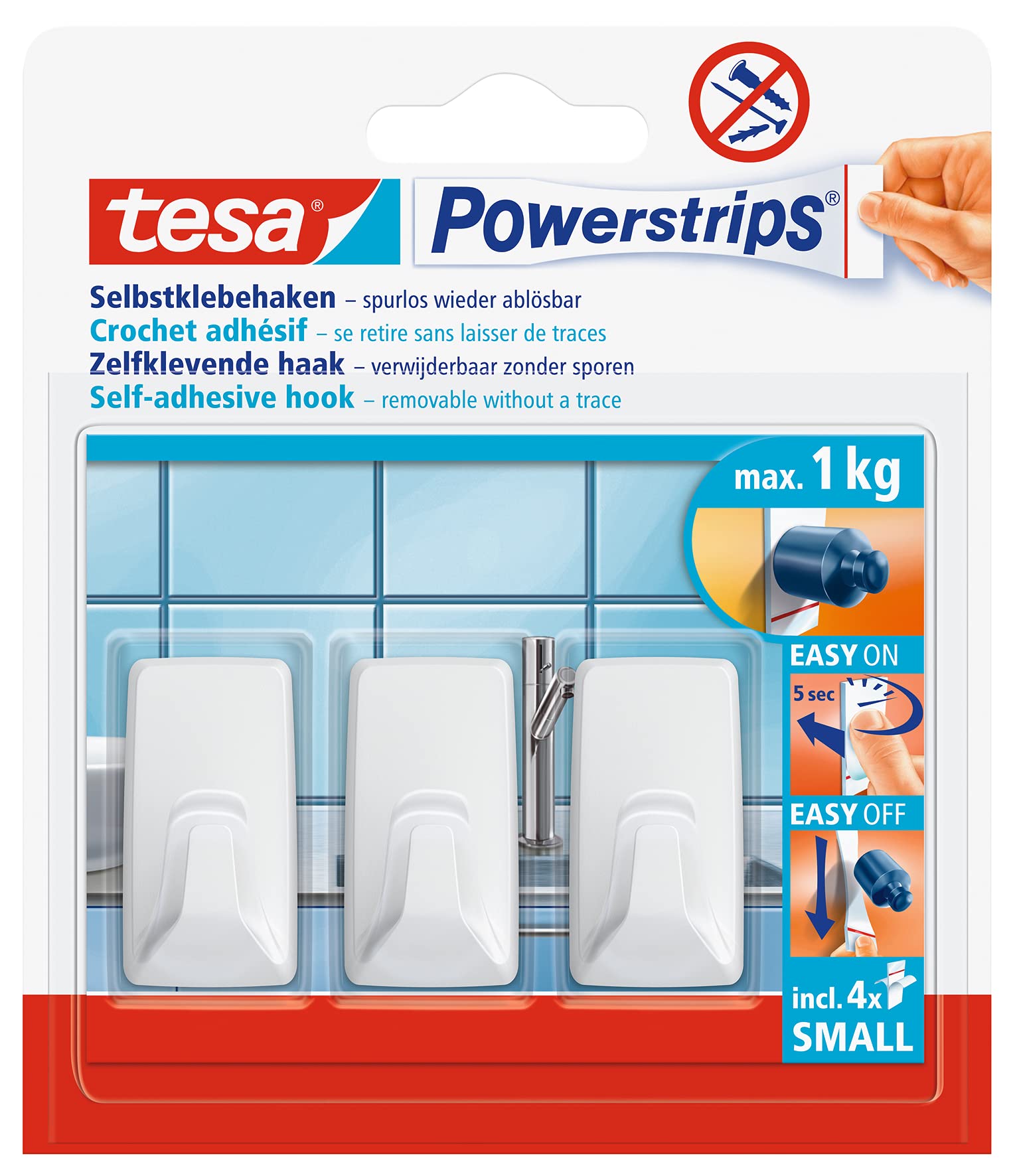 tesa Powerstrips Hook - Self-Adhesive Wall Hook for Glass, Tiles, Wood, Plastic and Other Surfaces - Plastic Round Hook - Powerstrips Technology - Small - White