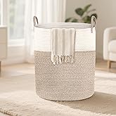 Laundry Basket Large Woven Rope Laundry Hamper 60L Foldable Tall Storage Basket with Handle for Decor Storage of Dirty Clothes Toys and Blankets in Bathroom Bedroom Living Room White & Brown