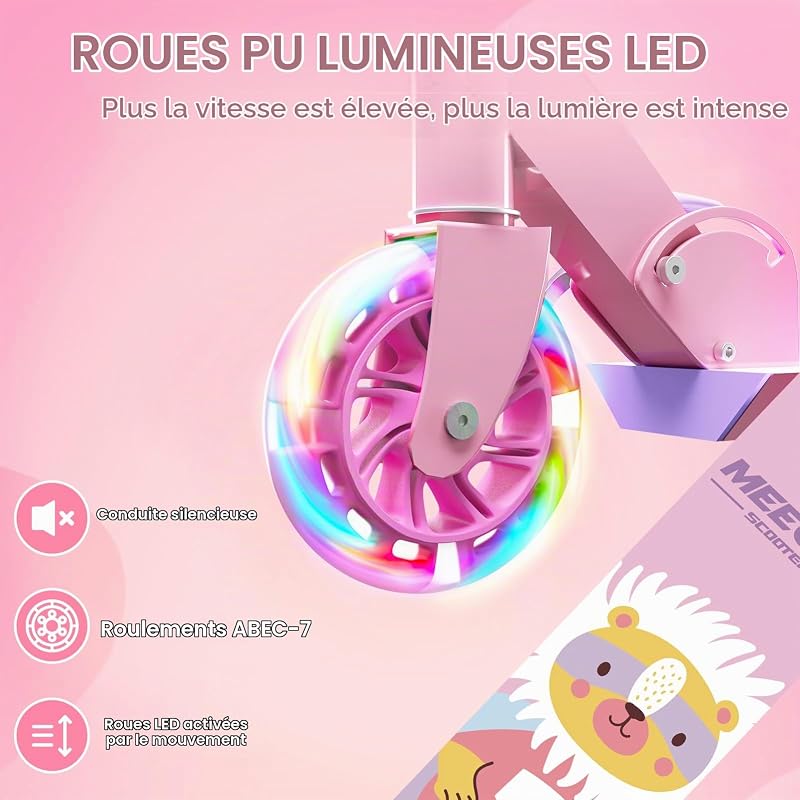 Trottinette pliable en aluminium avec 3 hauteurs réglables pour enfants de 3 ans et plus, rose